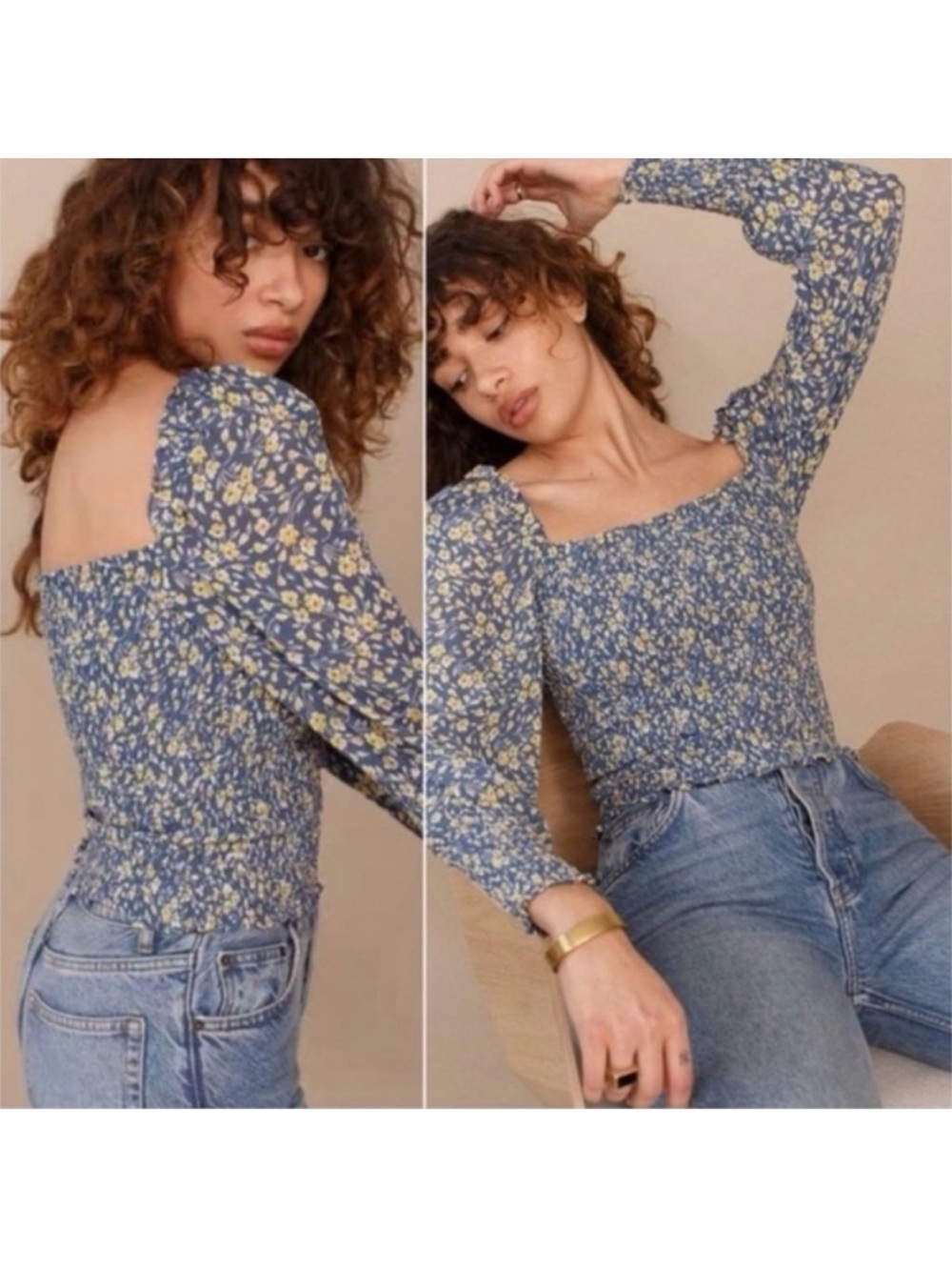 Reformation Blue Floral Smocked Square-Neck Top